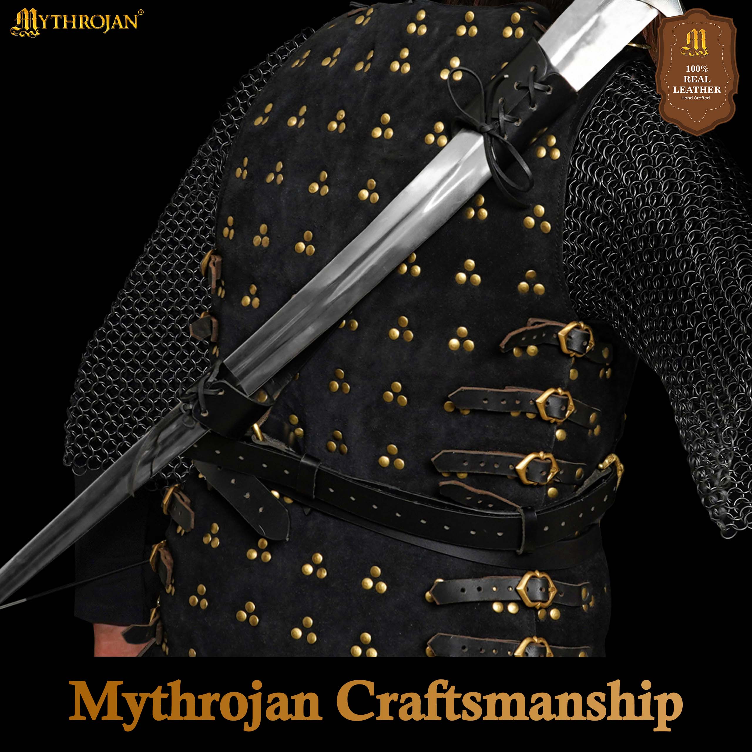 Mythrojan Geralt Back Scabbard, Ideal for LARP Cosplay and Medieval events Full Grain Leather Black