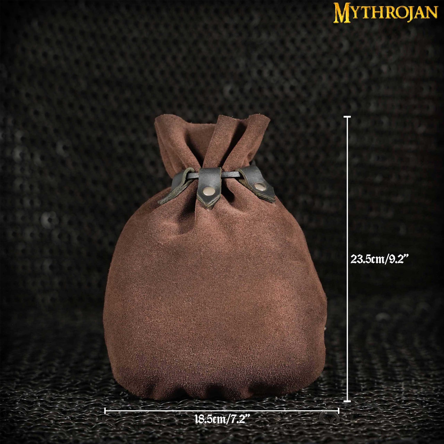 Mythrojan “ Gold and Dice ” Medieval Drawstring Bag, Ideal for SCA LARP Reenactment &amp; Ren fair Suede Leather Pouch, Chocolate Brown 9.2” ×7.2 ”