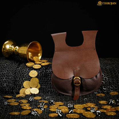 Mythrojan Medieval Belt Bag with Solid Brass Buckle , Ideal for Cosplay SCA LARP Reenactment &amp; Ren fair, Full Grain Leather, Brown, 8.2 ” × 6.6”