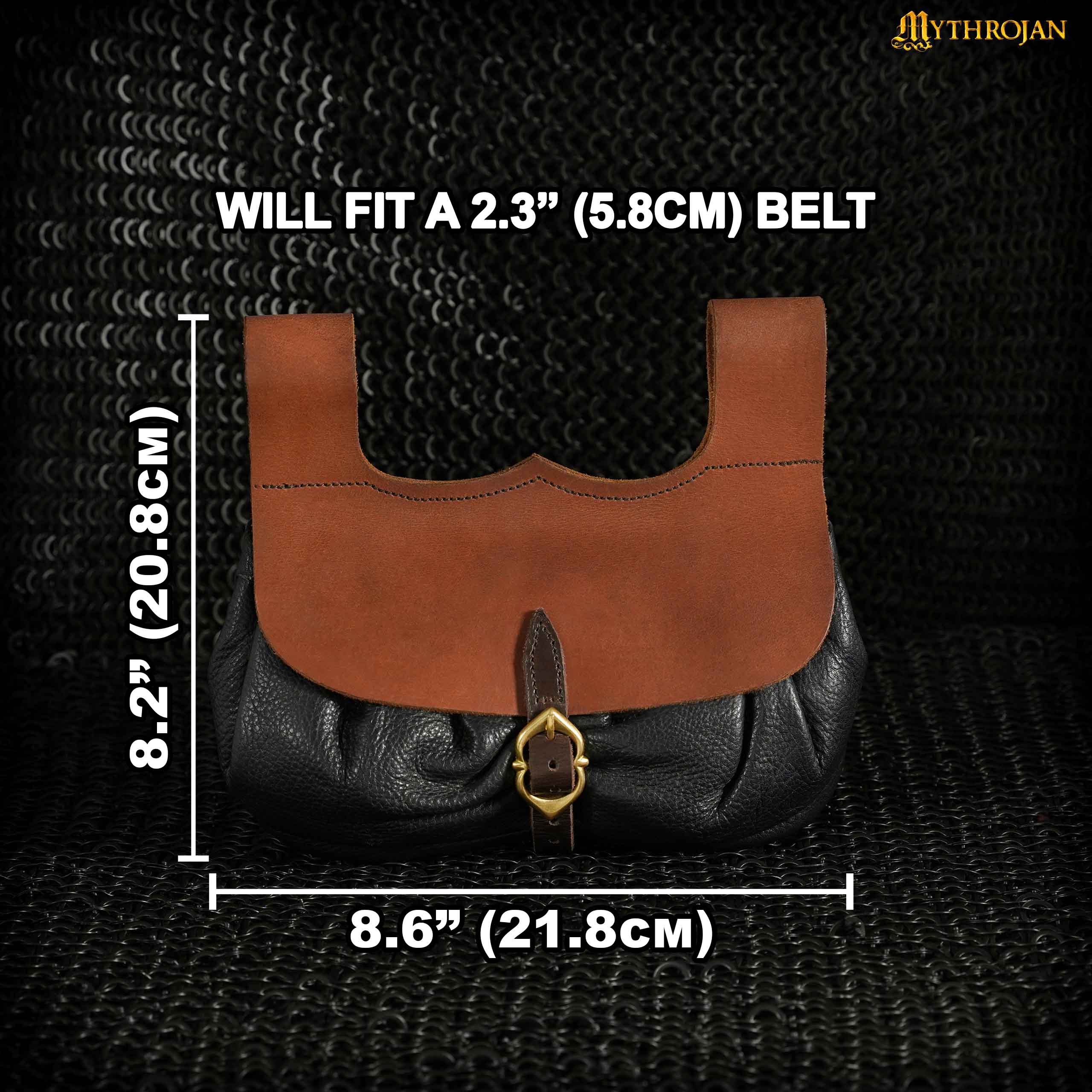 Mythrojan Medieval Belt Bag with Solid Brass Buckle , Ideal for Cosplay SCA LARP Reenactment &amp; Ren fair, Full Grain Leather, Brown and Black, 8.2 ” × 8.6”