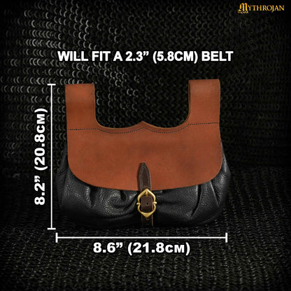 Mythrojan Medieval Belt Bag with Solid Brass Buckle , Ideal for Cosplay SCA LARP Reenactment &amp; Ren fair, Full Grain Leather, Brown and Black, 8.2 ” × 8.6”