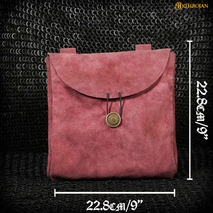 Mythrojan Large Suede Belt Bag, Ideal for SCA LARP Reenactment &amp; Ren fair, Suede Leather, Burgundy , 9 ”× 9 ”