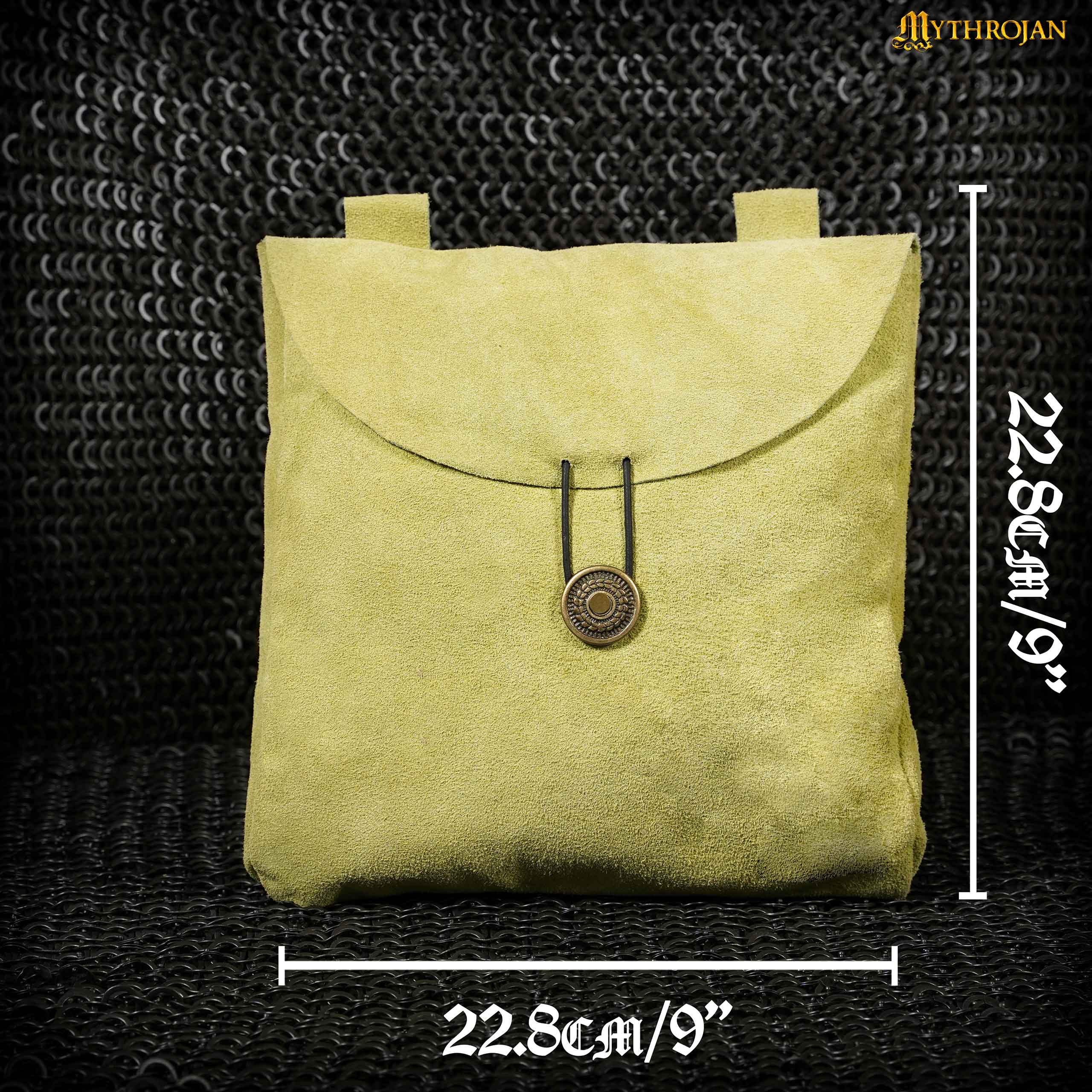 Mythrojan Large Suede Belt Bag, Ideal for SCA LARP Reenactment &amp; Ren Fair, Suede Leather, Citrus, 9”×9”