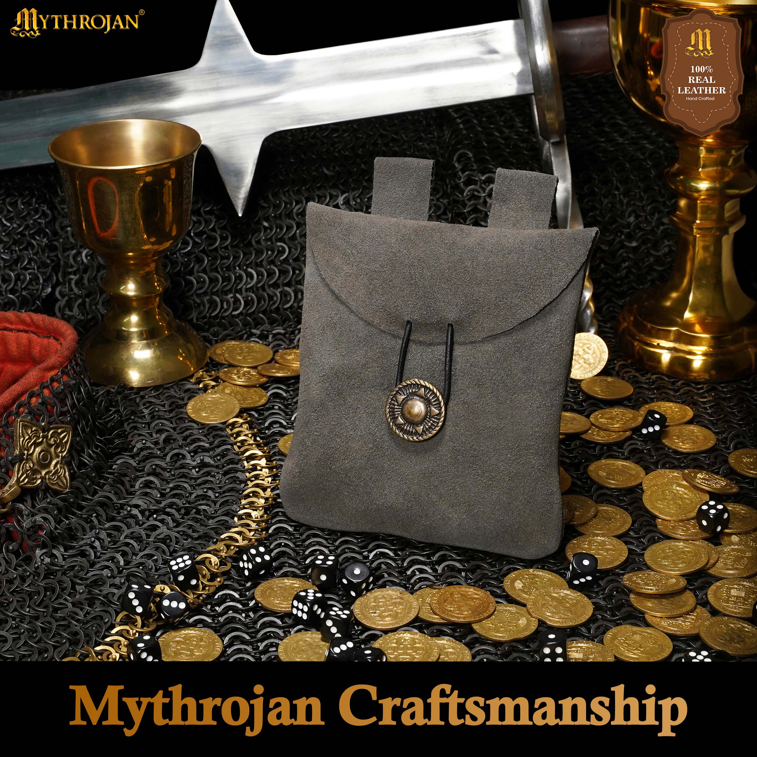 Mythrojan Suede Belt Bag, ideal for SCA LARP reenactment &amp; Ren fair, Suede Leather, Grey, 5.5”×5.1”