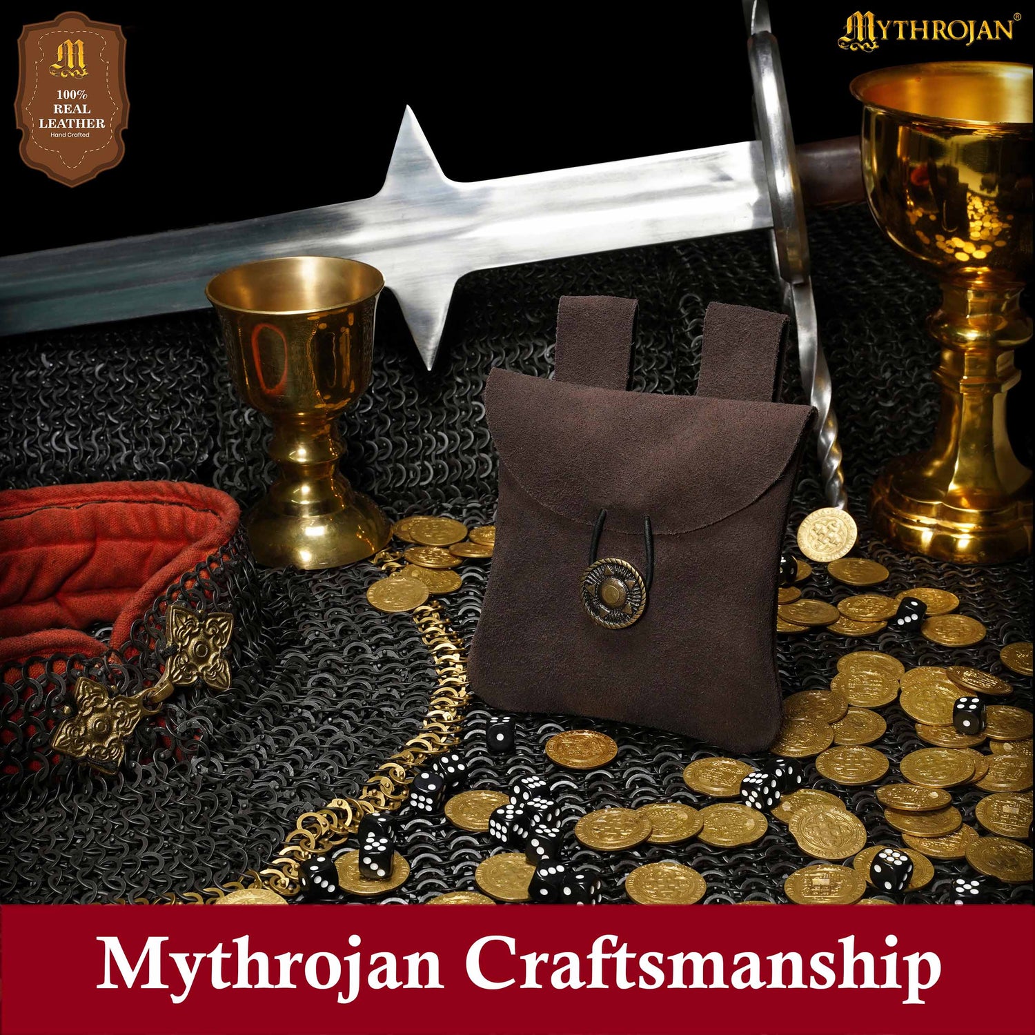 Mythrojan Suede Belt Bag, ideal for SCA LARP reenactment &amp; Ren fair, Suede Leather, Chocolate Brown, 5.5”×5.1”