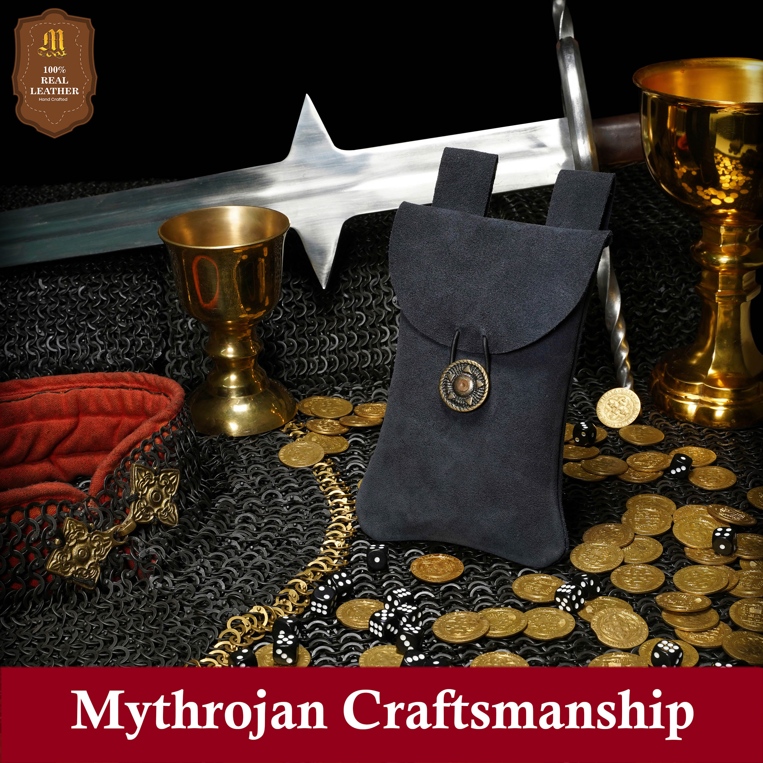 Mythrojan Suede Belt Bag, ideal for SCA LARP reenactment &amp; Ren fair, Suede Leather, Midnight Navy Blue, 7.2”×4.7”