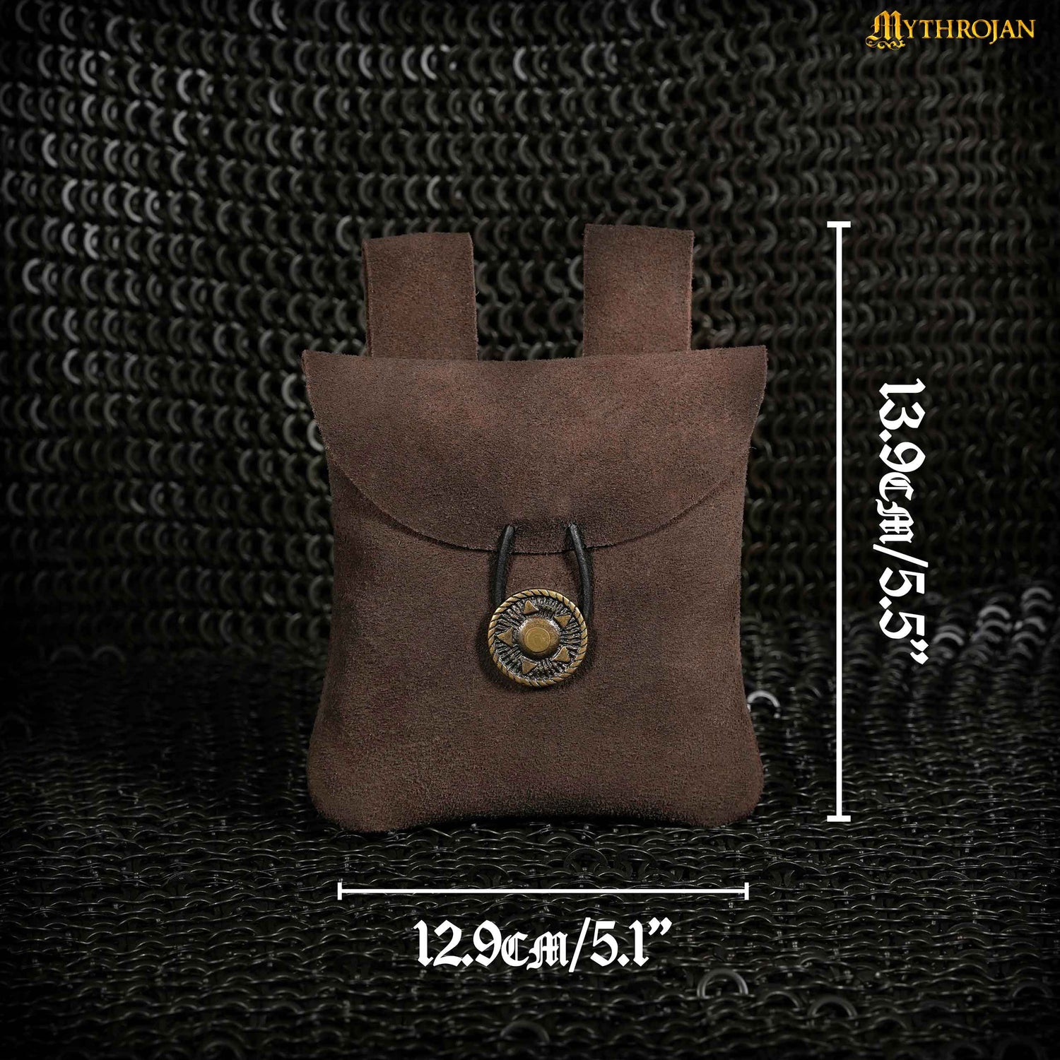 Mythrojan Suede Belt Bag, ideal for SCA LARP reenactment &amp; Ren fair, Suede Leather, Chocolate Brown, 5.5”×5.1”