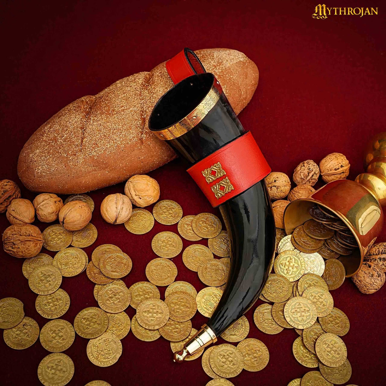 Mythrojan THE WEALTHY MERCHANT - Viking Drinking Horn with Red Leather Holder Authentic Medieval Inspired Viking Wine/Mead Mug - Polished Finish - 350 ML