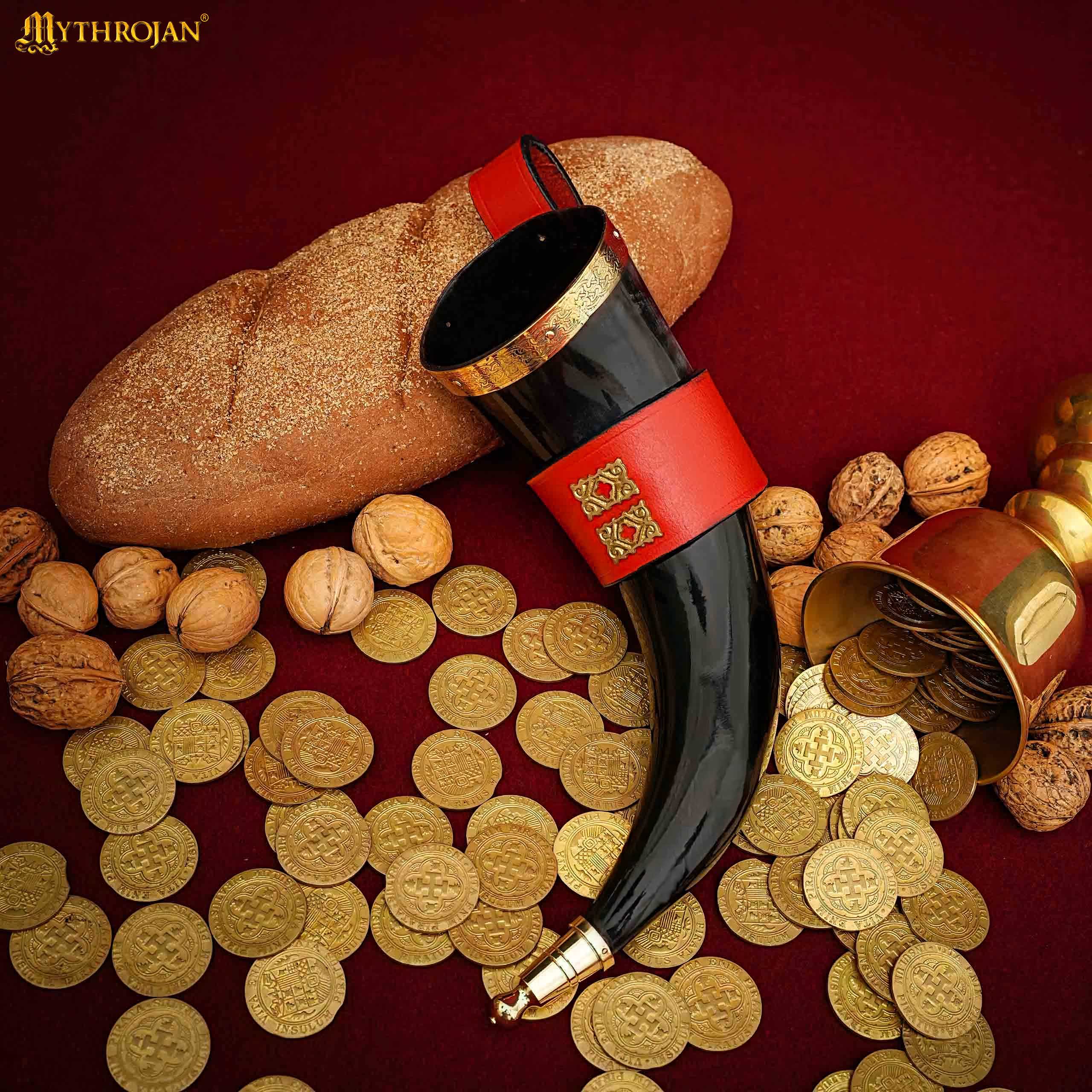 Mythrojan THE WEALTHY MERCHANT - Viking Drinking Horn with Red Leather Holder Authentic Medieval Inspired Viking Wine/Mead Mug - Polished Finish - 350 ML