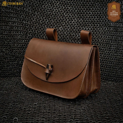 Mythrojan “The Mythical Venturer” Medieval Bag ideal for medieval SCA LARP reenactment, Full Grain Leather Pouch, Brown 9.6” ×6.5”