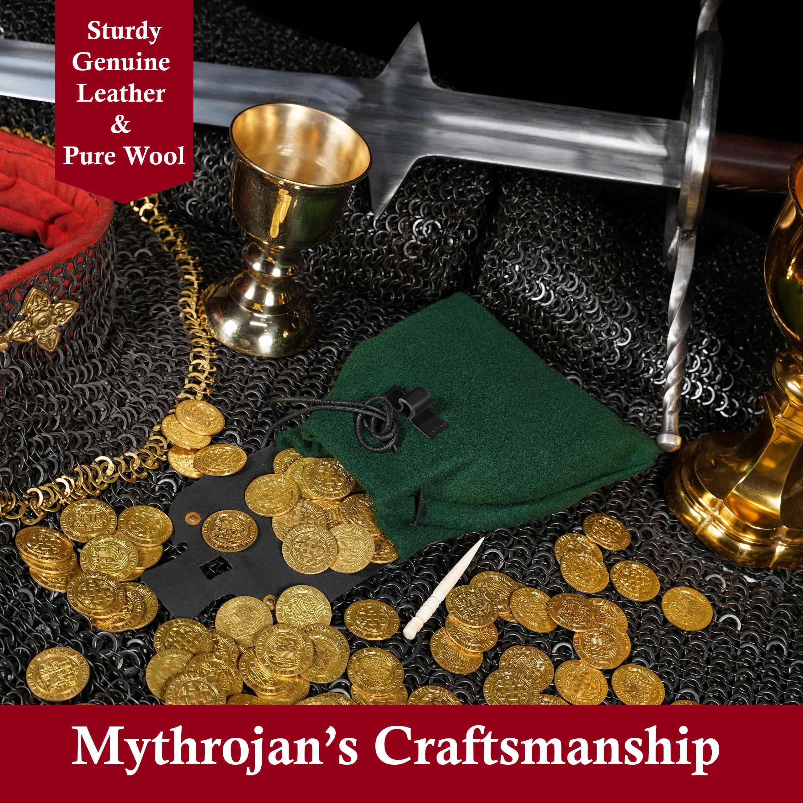 Mythrojan “Gold and Dice” Medieval Fantasy Belt Bag with Bone Needle Closure, Ideal for SCA LARP reenactment &amp; Ren fair, Black and Green, 7”×7”