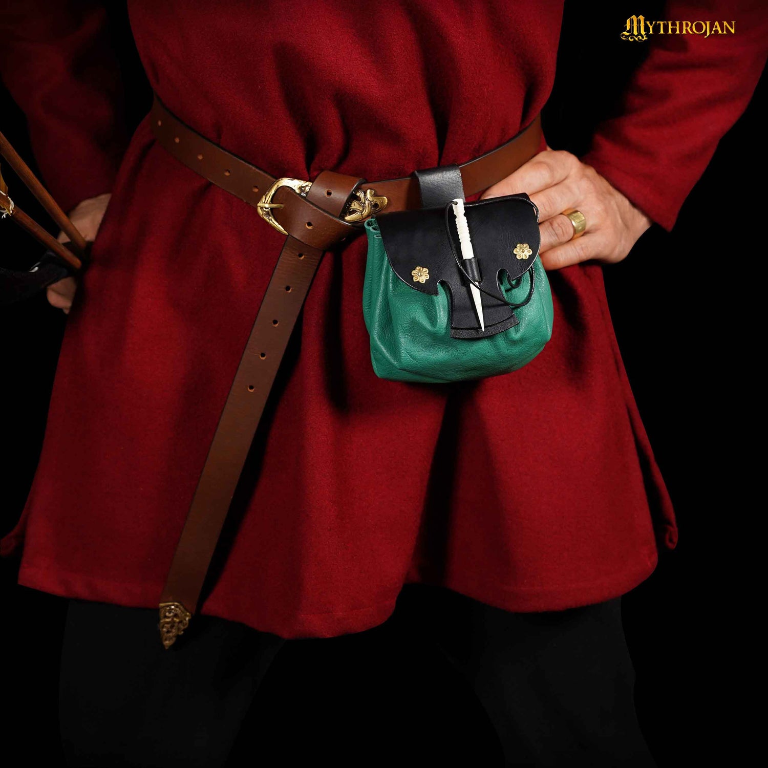 Mythrojan “ Gold and Dice ” Medieval Fantasy Belt Bag with Bone Needle Closure, Ideal for SCA LARP Reenactment &amp; Ren fair, Green, 3.5”