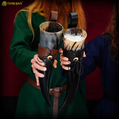 Mythrojan Drinking Horn with Leather Holder Authentic Medieval Inspired Viking Wine/Mead Mug (Brown, 500 ML)