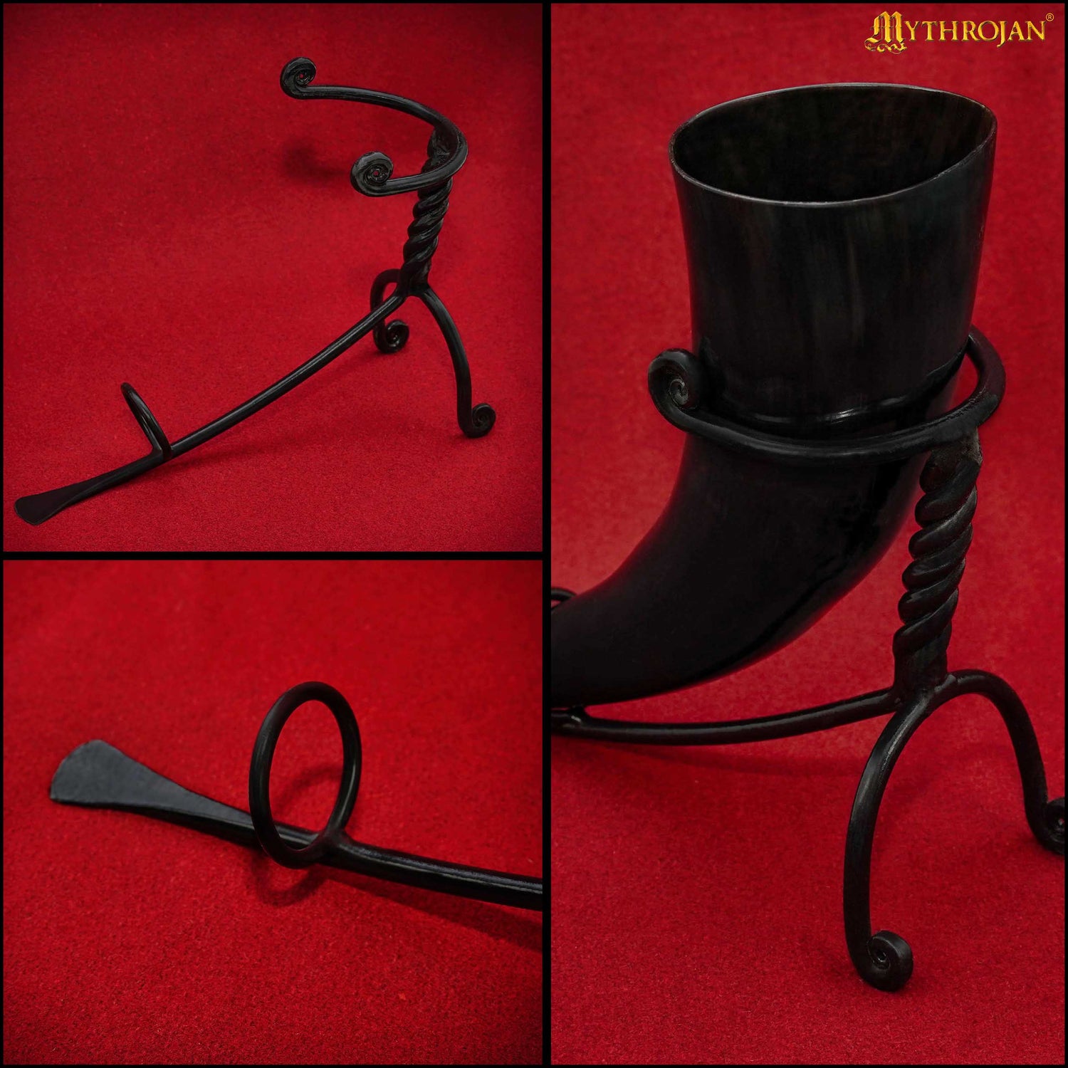 Mythrojan Hand Forged Drinking Ale Horn Rack Twisted Iron Ale Mead Horn Stand Medieval &amp; Viking - Classic