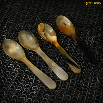 Mythrojan Handcrafted “Medium” size GENUINE HORN SPOONS Set of 4, Ideal for Viking Events Medieval Weddings Cosplay LARP SCA, 6.5 Inches