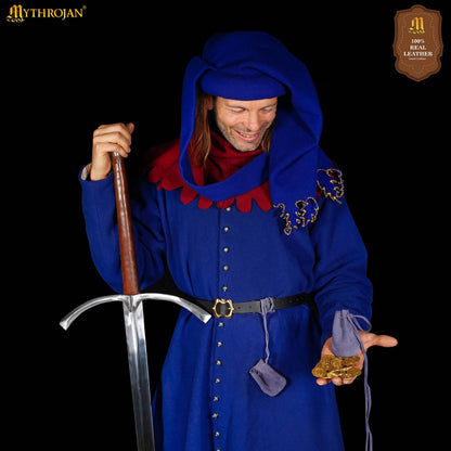Mythrojan Pair of Medieval Drawstring Pouches, Ideal for SCA LARP Reenactment &amp; Ren fair - Suede Leather, Dark Blue