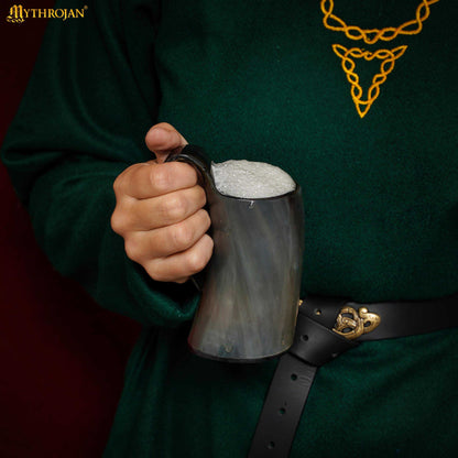 Mythrojan Tumbler Viking Drinking Cup with Handle &amp; Medieval Buckle Renaissance with Leather Strap - Pearl