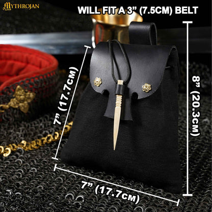 Mythrojan “Gold and Dice” Medieval Fantasy Belt Bag with Bone Needle Closure, Ideal for SCA LARP Reenactment &amp; Ren fair, Black, 7”×7”