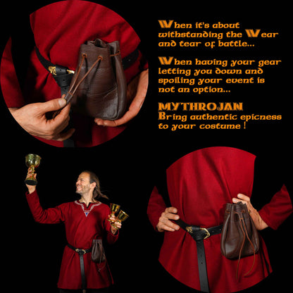 Mythrojan Medieval Drawstring Bag, Ideal for SCA LARP Reenactment &amp; Ren fair - Full Grain Leather, Brown, 7”×5&quot;