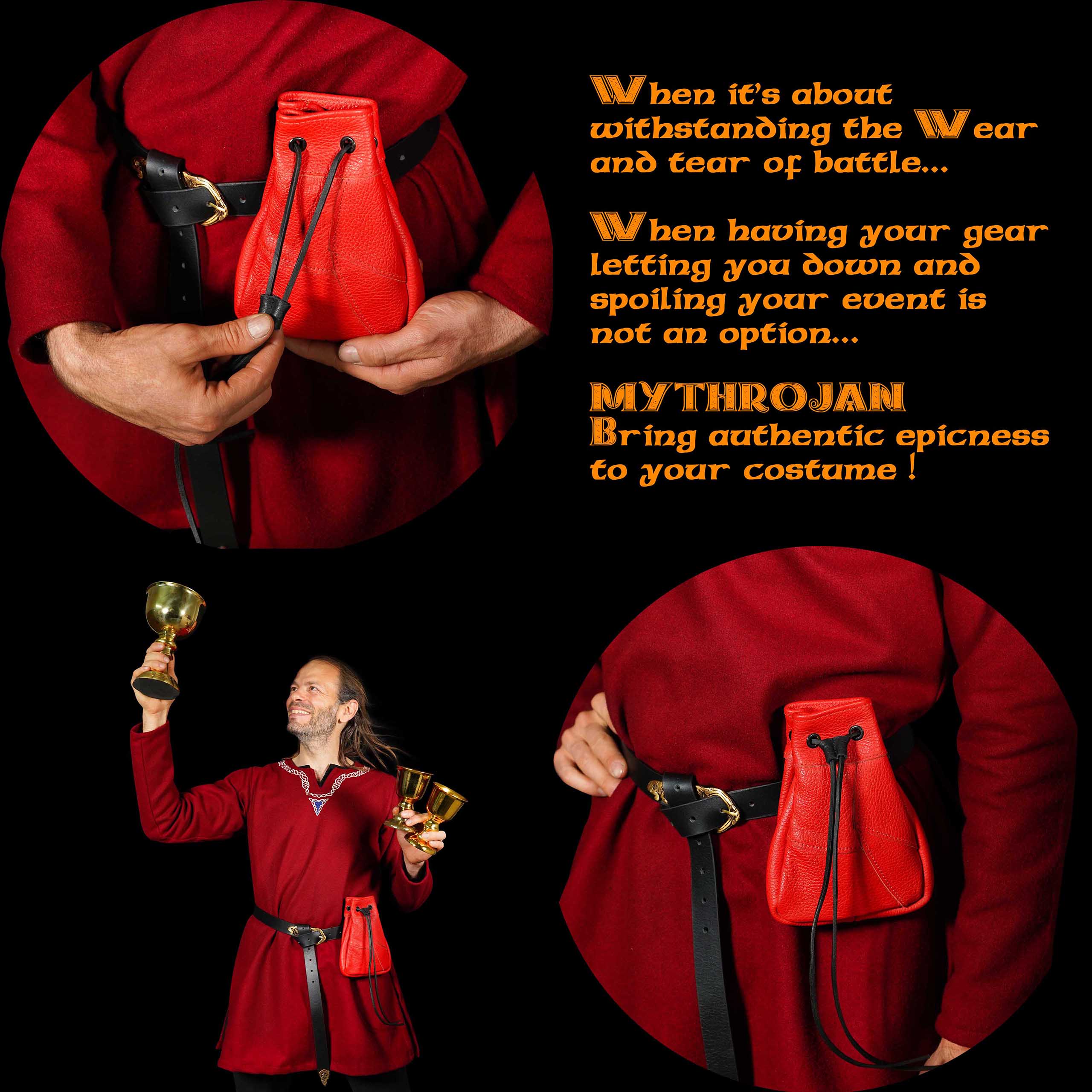 Mythrojan Medieval Drawstring Bag, Ideal for SCA LARP Reenactment &amp; Ren fair - Full Grain Leather, Red 7 ” ×5 ”