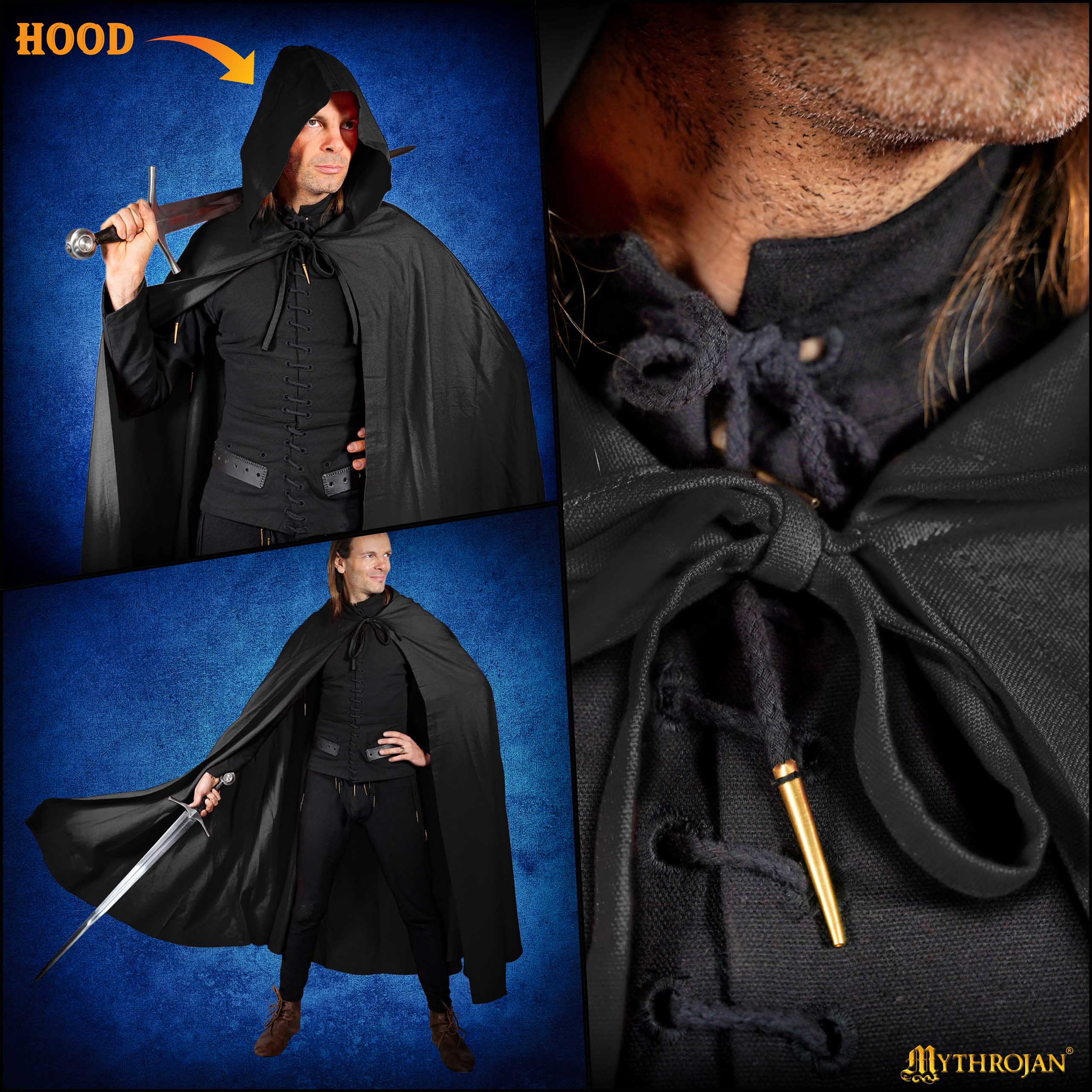 Mythrojan “Adventurer” CANVAS Cloak/Cape 100% cotton Medieval Viking Knight SCA LARP, Black, Large