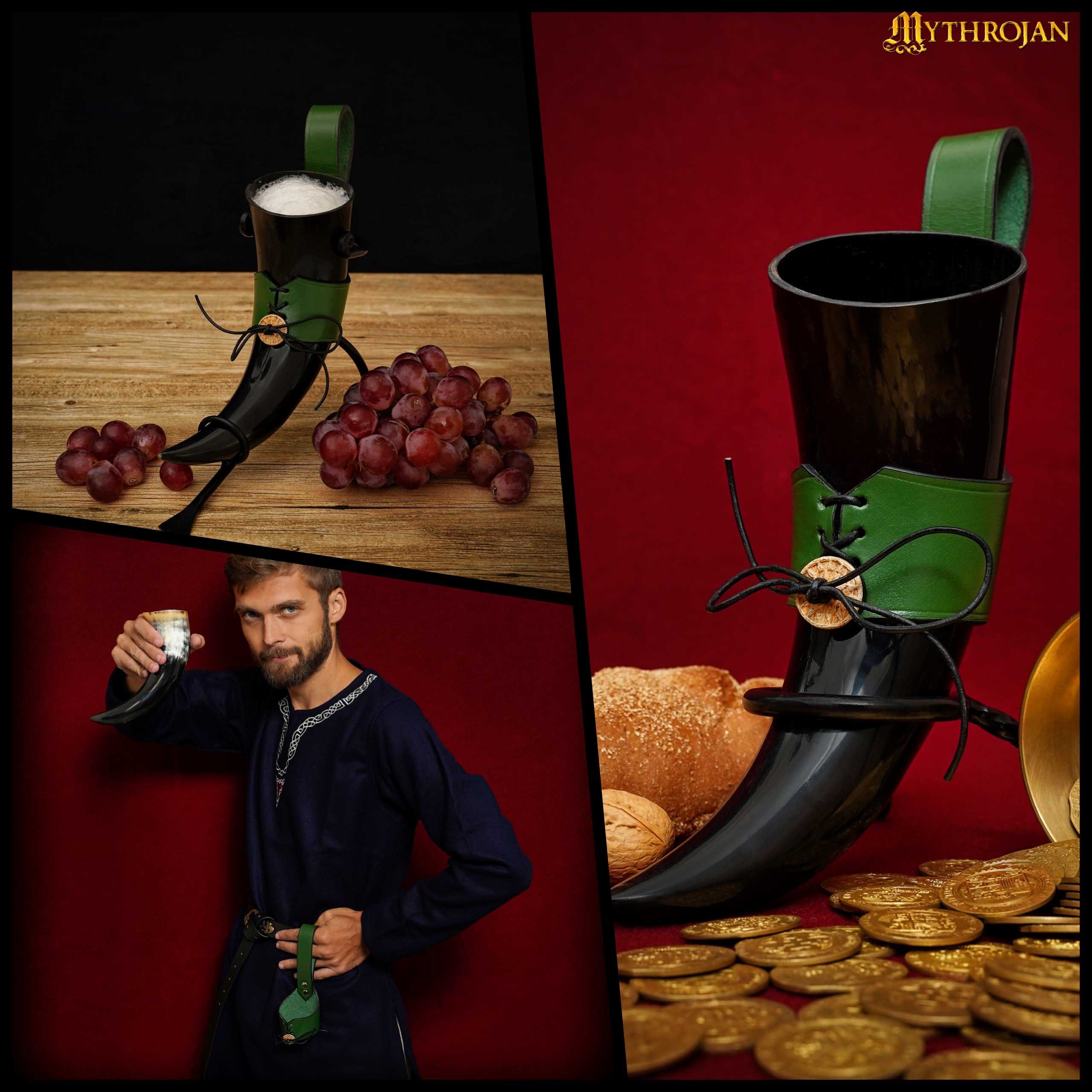 Mythrojan Drinking Horn with Leather Holder Authentic Medieval Inspired Viking Wine/Mead Mug - Green