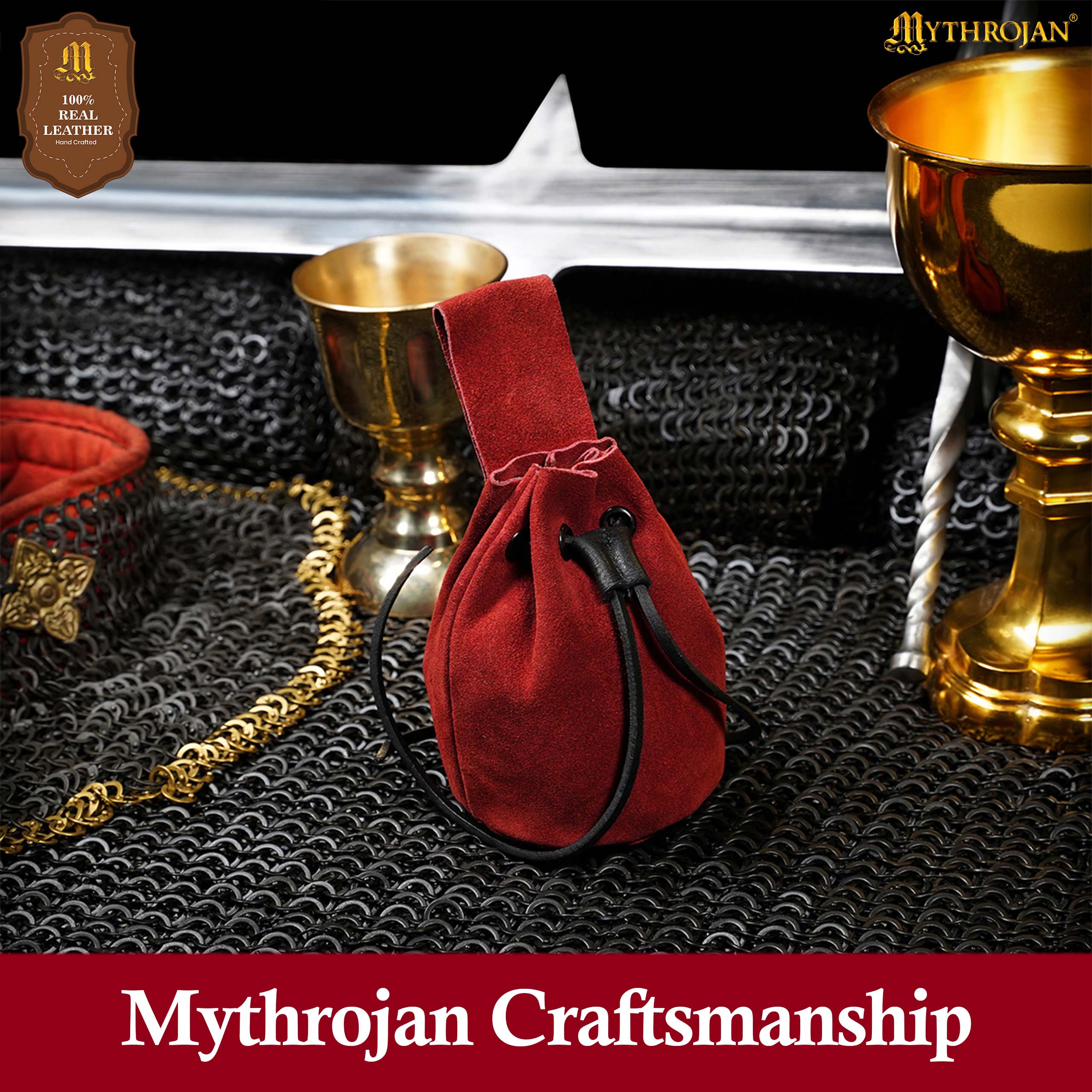 Mythrojan Medieval Drawstring Belt Bag, Ideal for SCA LARP Reenactment &amp; Ren fair , Suede Leather , Cherry 6” ×5 ”