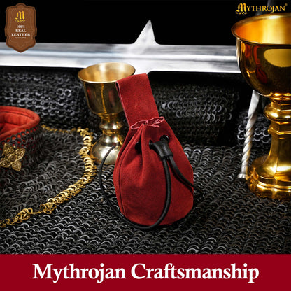 Mythrojan Medieval Drawstring Belt Bag, Ideal for SCA LARP Reenactment &amp; Ren fair , Suede Leather , Cherry 6” ×5 ”