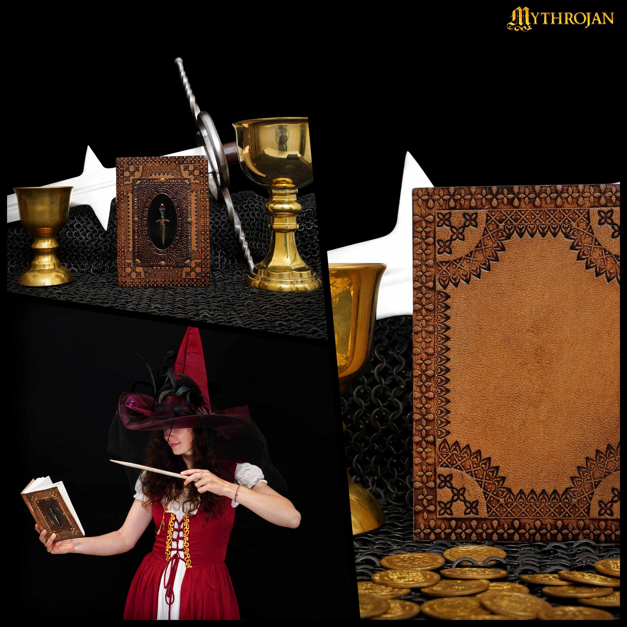 Mythrojan Genuine Brown Leather Bound Journal with Sword Metal Pendant Notepad Small size notebook