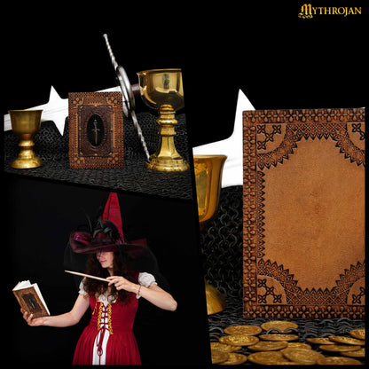 Mythrojan Genuine Brown Leather Bound Journal with Sword Metal Pendant Notepad Small size notebook