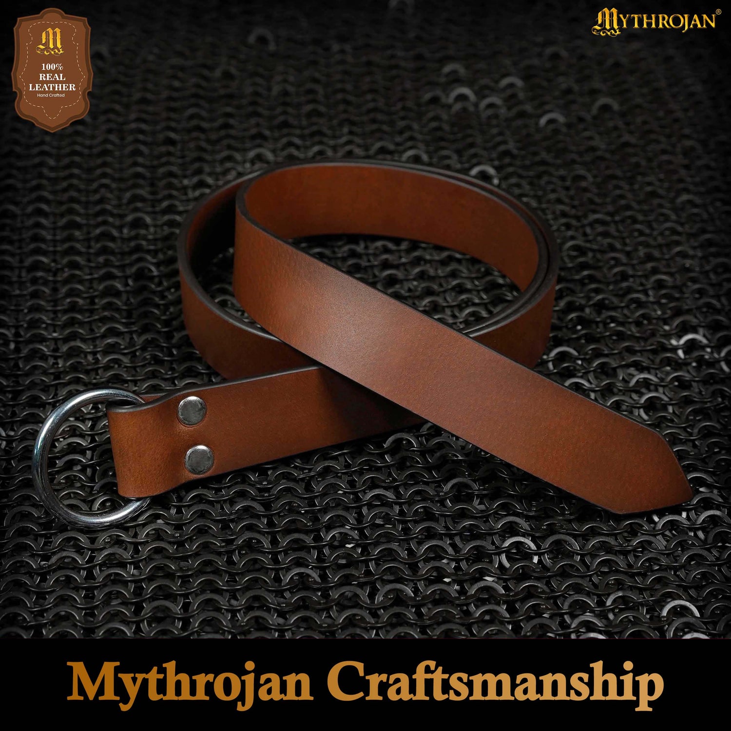 Mythrojan O - Ring Medieval Leather Belt, Ideal for LARP SCA Warrior Gothic Renaissance, BROWN