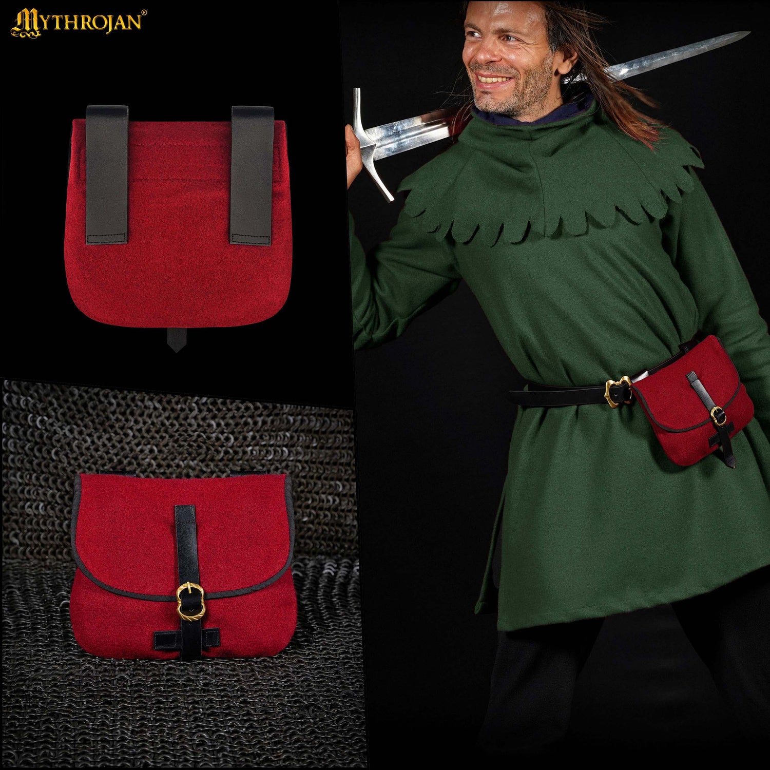 Mythrojan Late Medieval Belt Bag, Ideal for SCA LARP Reenactment &amp; Ren fair, Full Grain Leather and Wool , Maroon , 6.2 ”× 7&quot;