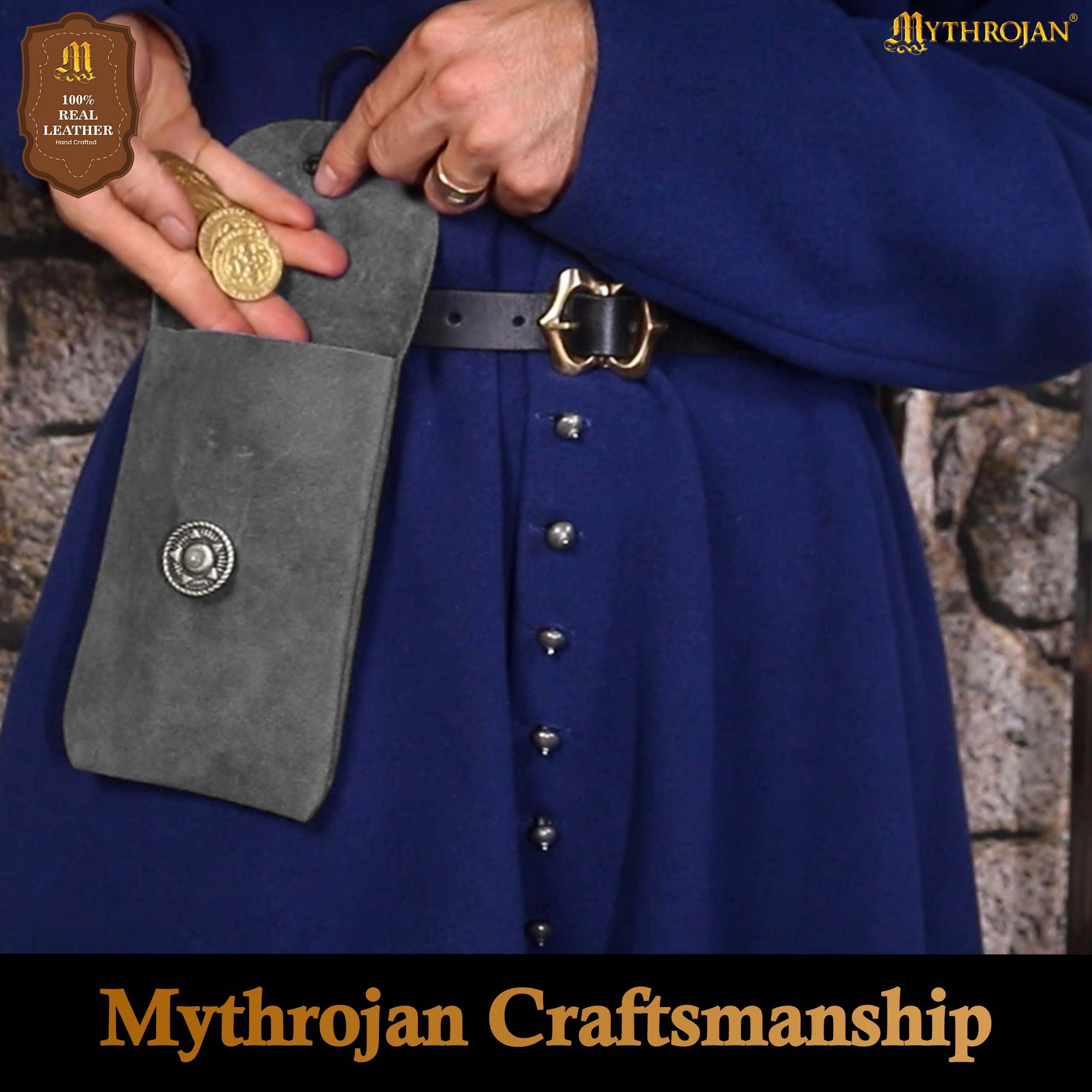 Mythrojan Suede Belt Bag, ideal for SCA LARP reenactment &amp; Ren fair, Suede Leather, Grey, 7.2”×4.7”