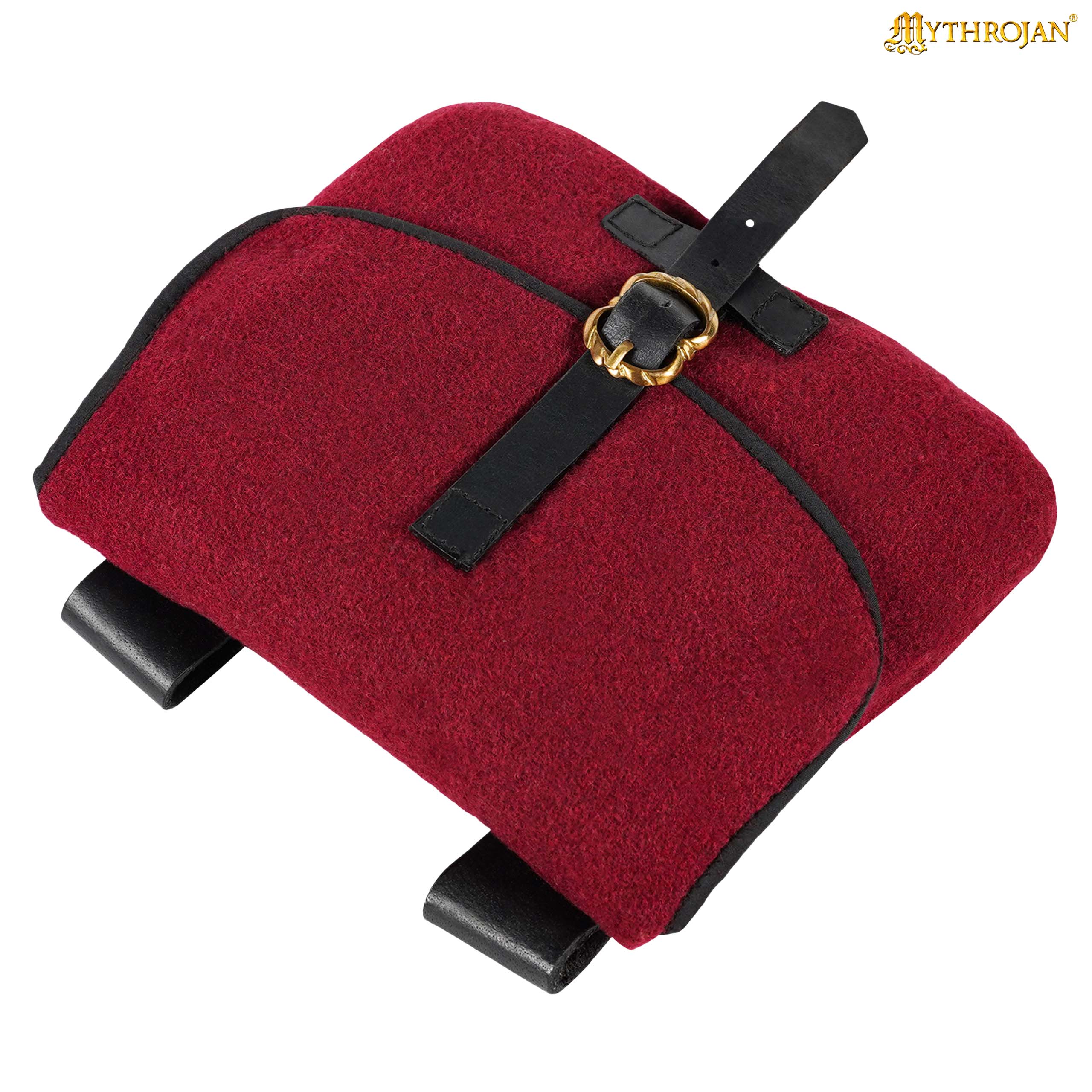 Mythrojan Late Medieval Belt Bag, Ideal for SCA LARP Reenactment &amp; Ren fair, Full Grain Leather and Wool , Maroon , 6.2 ”× 7&quot;