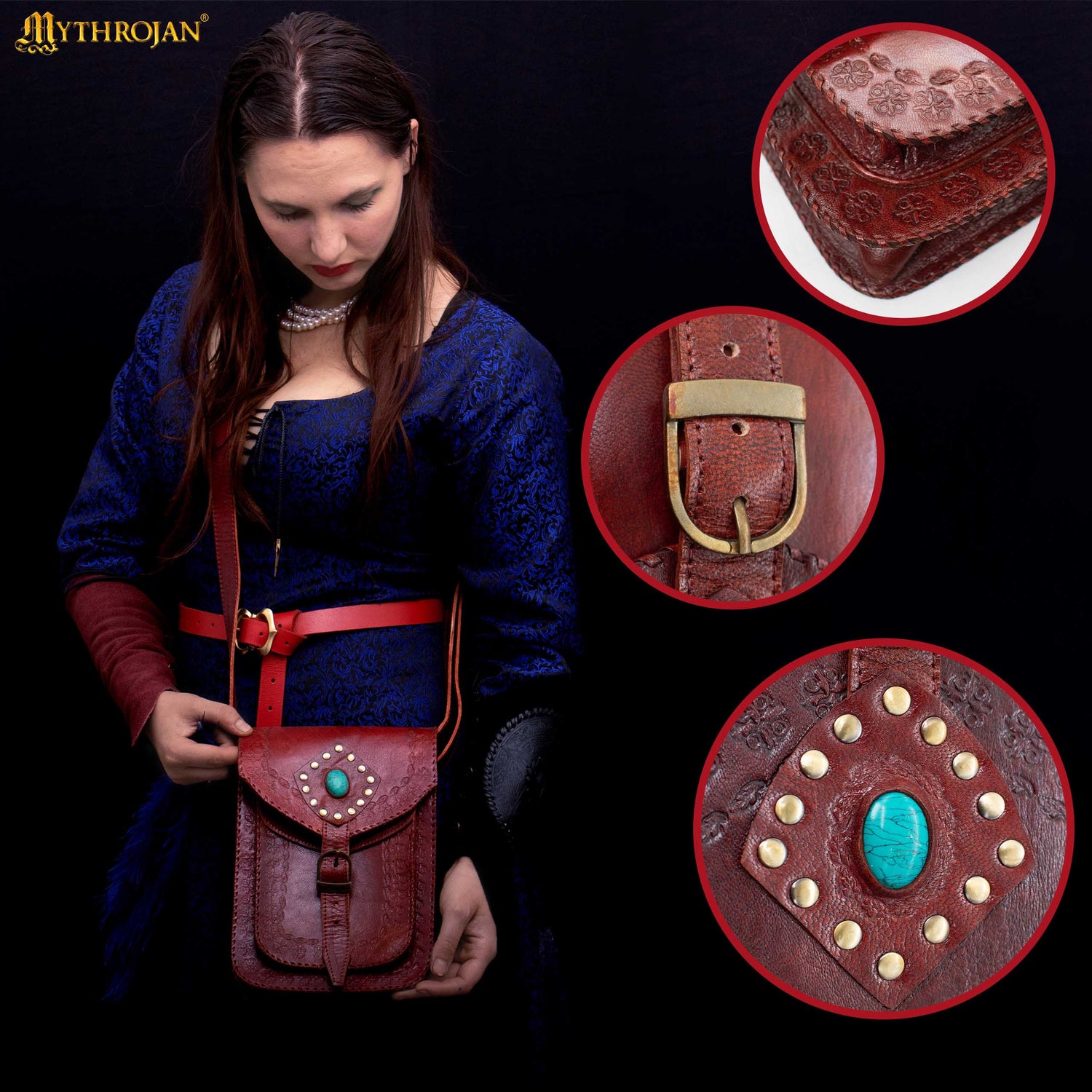 MYTHROJAN “SORCERESS FROM THE EAST” MEDIEVAL Sling Bag ideal for enchantress, LARP mage, D&amp;D wizard, Witcher cosplay, Maroon 10&quot; x 7”