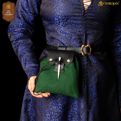 Mythrojan “Gold and Dice” Medieval Fantasy Belt Bag with Bone Needle Closure, Ideal for SCA LARP reenactment &amp; Ren fair, Black and Green, 7”×7”