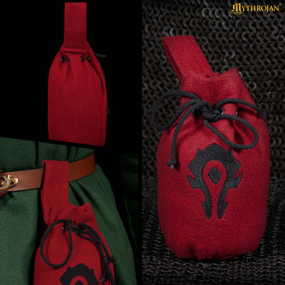 Mythrojan “For the Horde” Wool Drawstring Belt Pouch: Costume Accessory Coin Purse , Maroon , 8” × 6.5”