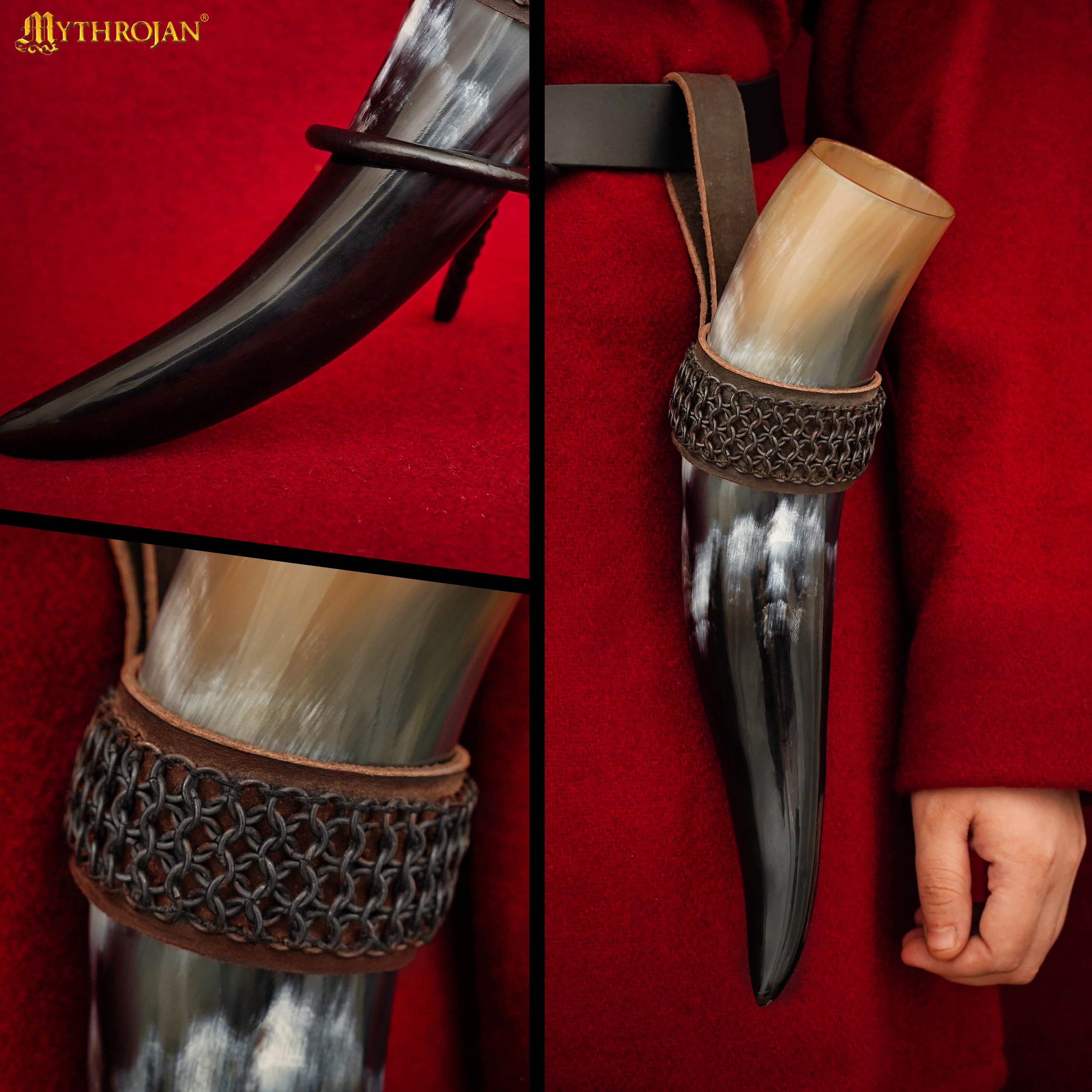 Mythrojan THE WITCHER COMPANION Viking Drinking Horn with Brown Leather Holder Authentic Medieval Inspired Viking Wine/Mead Mug - Polished Finish