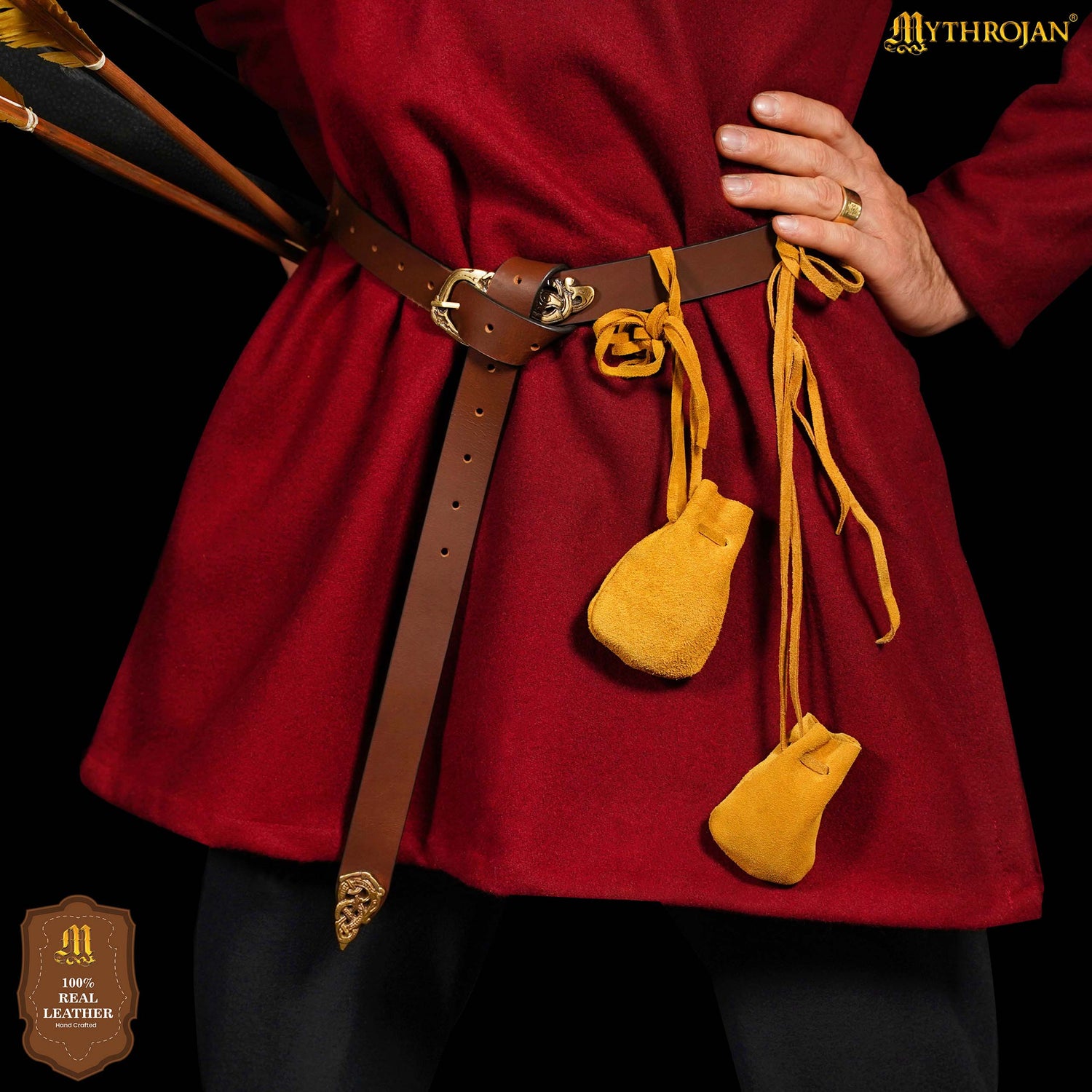 Mythrojan Pair of Medieval Drawstring Pouches, Ideal for SCA LARP Reenactment &amp; Ren fair - Suede Leather, Yellow