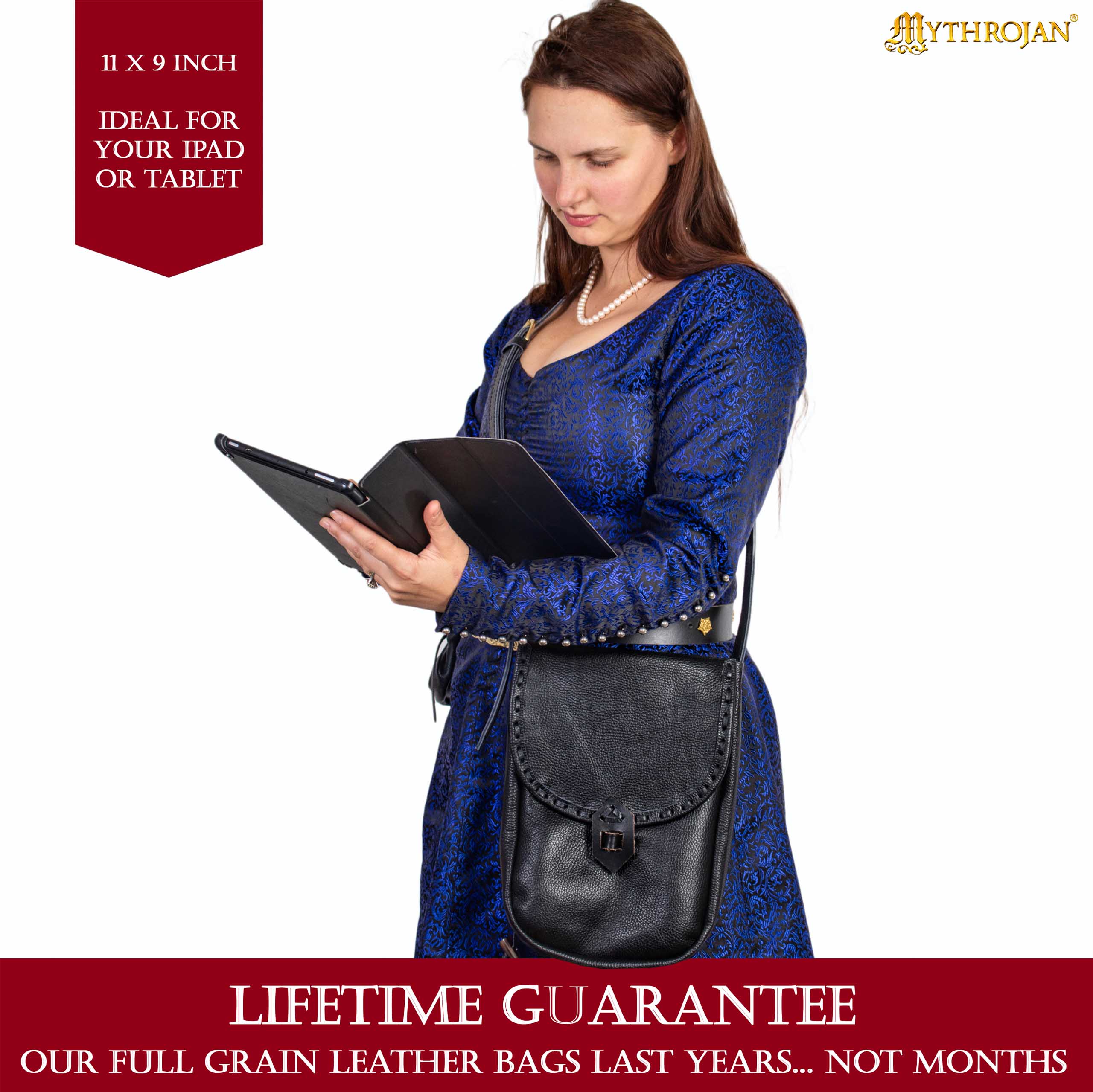 Mythrojan MEDIEVAL MESSENGER BAG. Keep your iPad or Tablet safe on LARP, SCA or Renaissance fair : Black