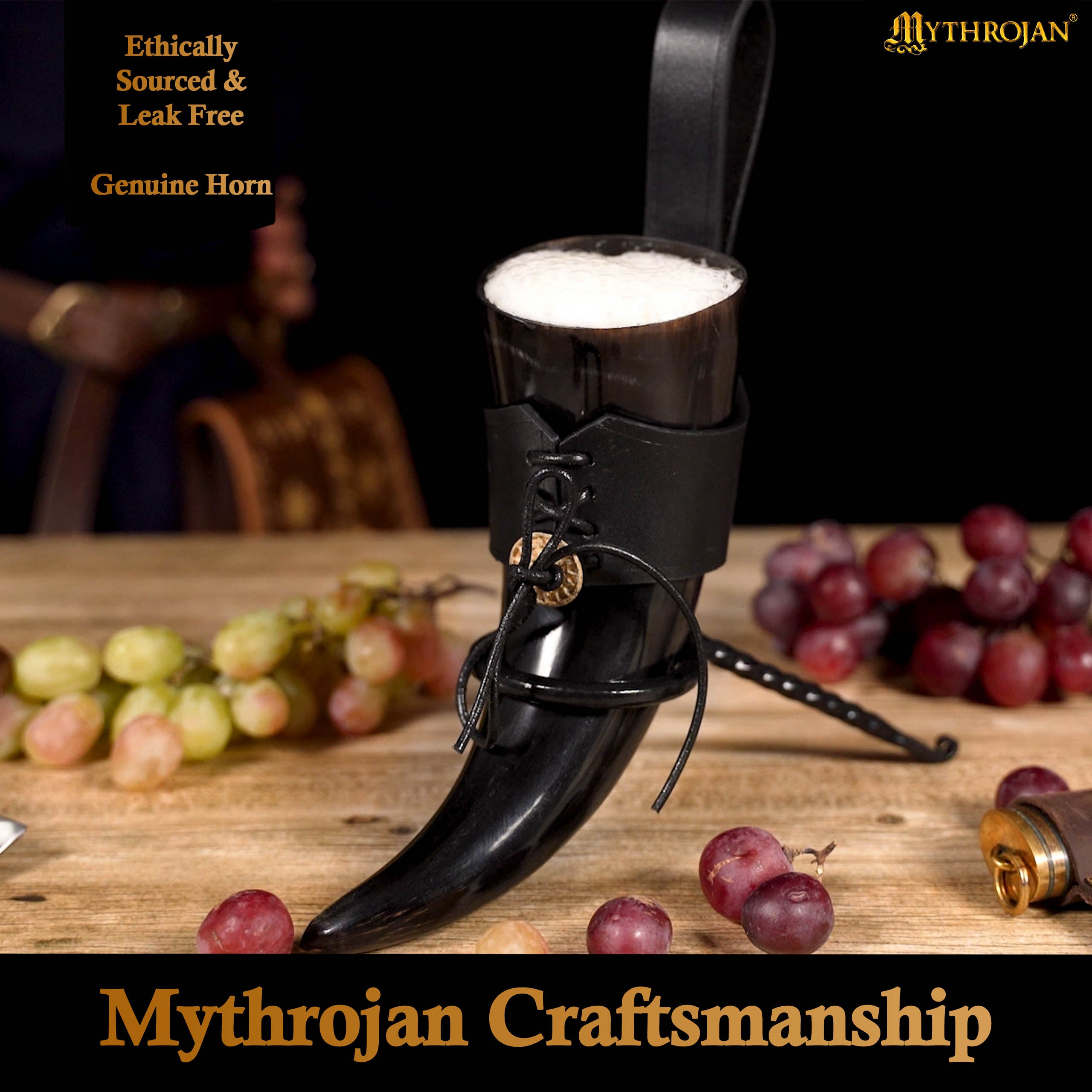 Mythrojan Viking Drinking Horn with Black Leather Holder Authentic Drinking Horn Norse Beer Horn Drinking Horn , 250ml