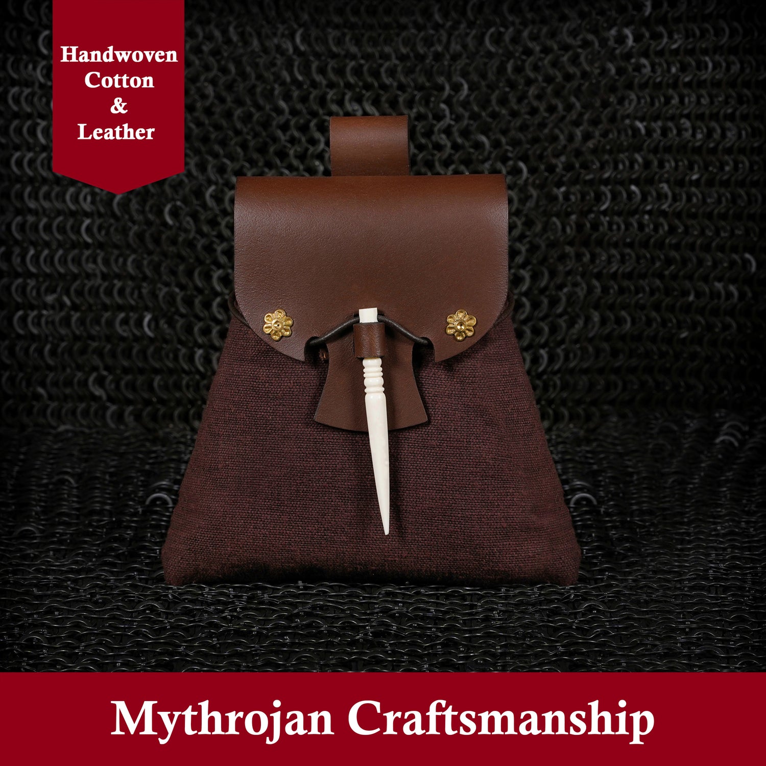 Mythrojan “Gold and Dice” Medieval Fantasy Belt Bag with Bone Needle Closure, Ideal for SCA LARP reenactment &amp; Ren fair, Brown, 7”×7”