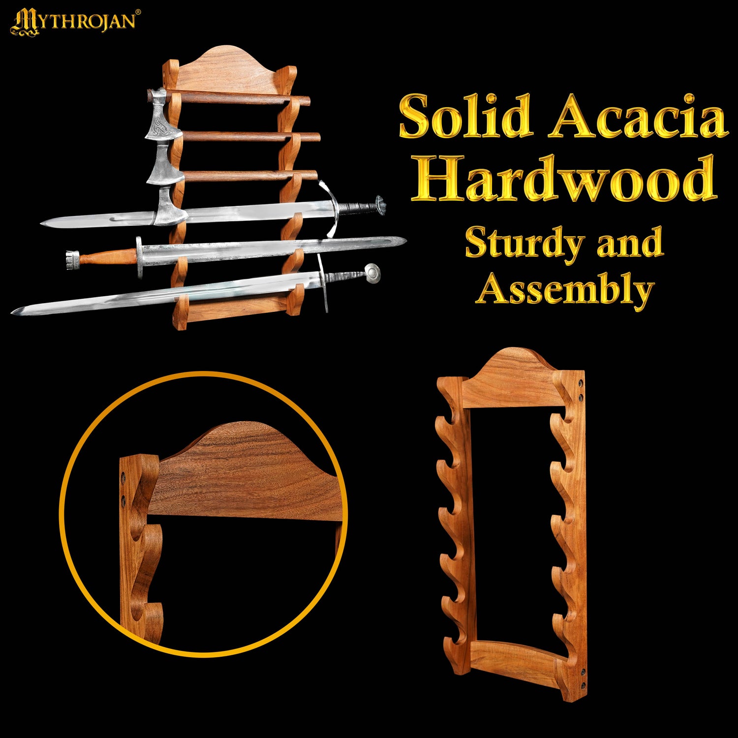 Mythrojan Solid Wood Sword Stand Medieval Sword Wall Mount Samurai Sword Display Stand Katana Sword Holder Gladiator Sword Wall Display Crusader Sword Stand Knife Stand for Display- Six Tier Stand