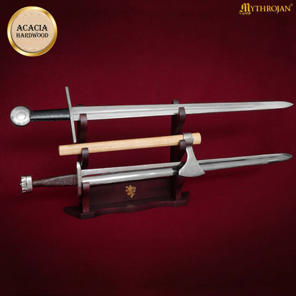 Mythrojan Solid Wood Sword Stand Medieval Sword Wall Mount Samurai Sword Display Stand Katana Sword Holder Gladiator Sword Wall Display Crusader Sword Stand Knife Stand for Display - Three Tier Sand 17&quot; x 14&quot;