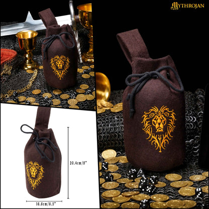 Mythrojan “For the Horde” Wool Drawstring Belt Pouch: Costume Accessory Coin Purse , Brown , 8” × 6.5”