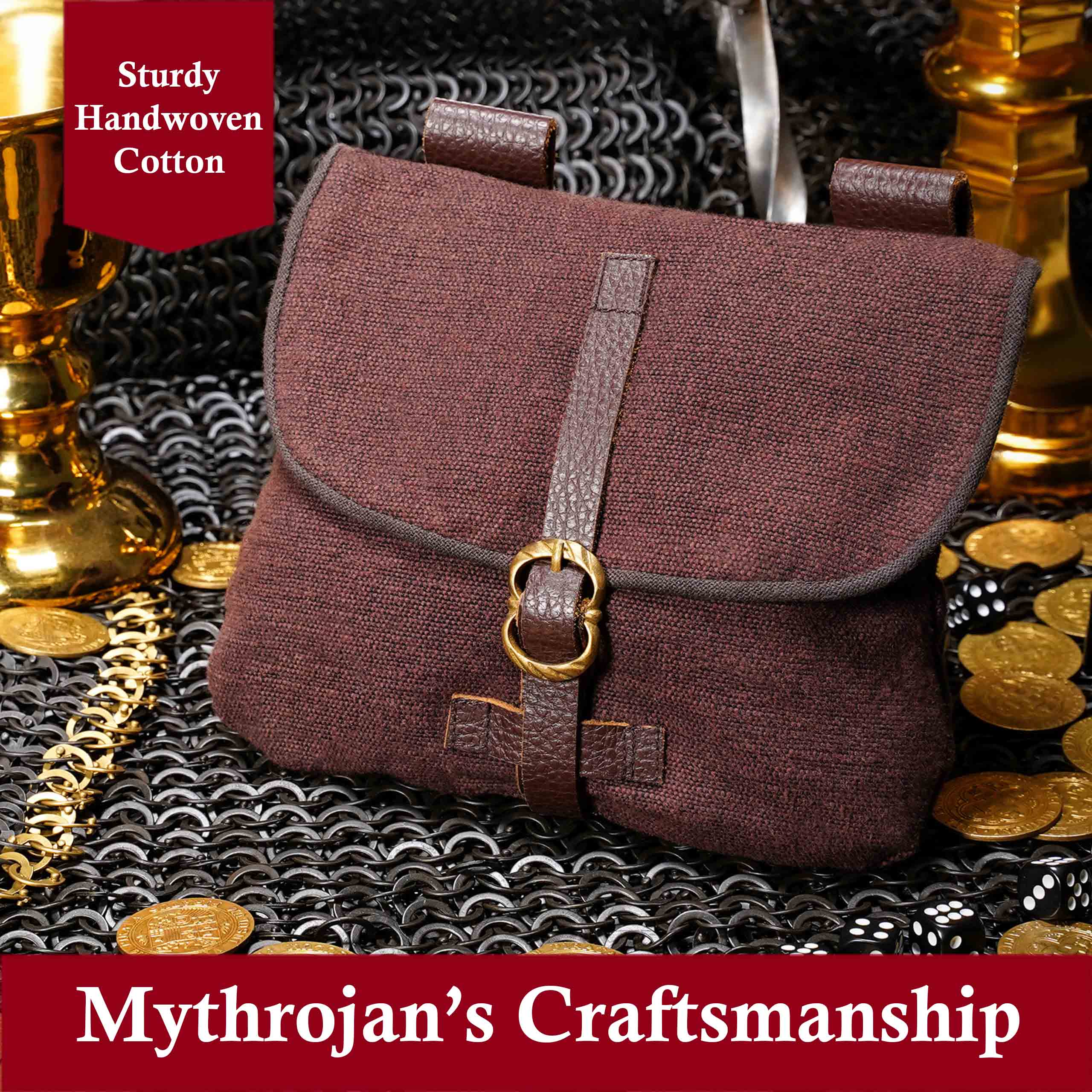 Mythrojan Late Medieval Belt Bag, Ideal for SCA LARP Reenactment &amp; Ren fair, Handwoven Canvas , Brown , 6.2 ”× 7 ”