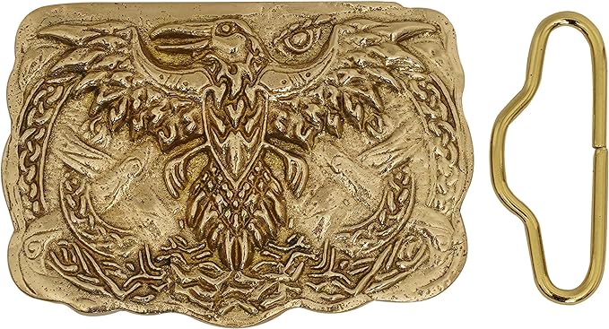 Mythrojan Celtic Raven Pure Brass Belt Buckle, Ideal for Viking SCA LARP Medieval &amp; Ren fair, Pure Solid Brass, 10.2x7 cm