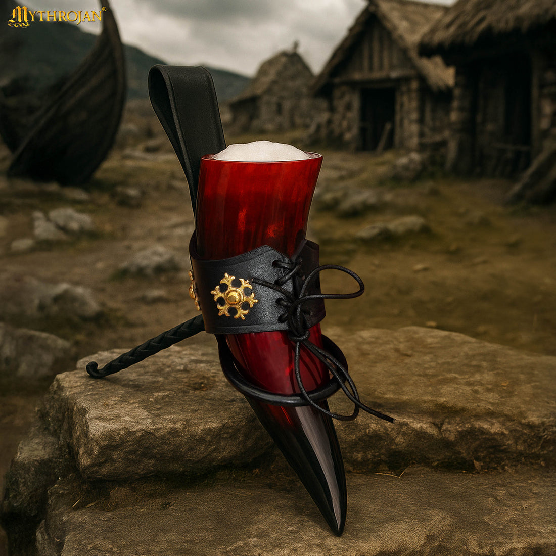 Mythrojan The Red Witch Viking Drinking Horn with Leather holder Authentic Medieval Inspired Viking Wine/Mead Mug - Polished Finish - 400ML