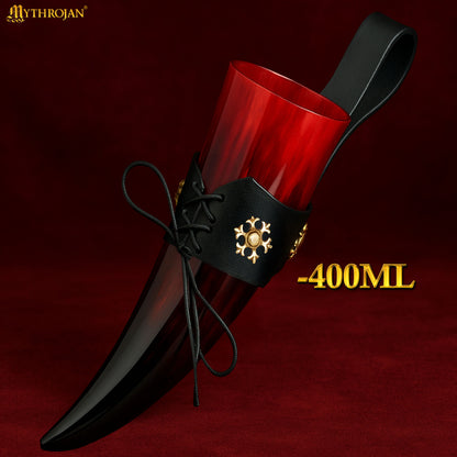 Mythrojan The Red Witch Viking Drinking Horn with Leather holder Authentic Medieval Inspired Viking Wine/Mead Mug - Polished Finish - 400ML