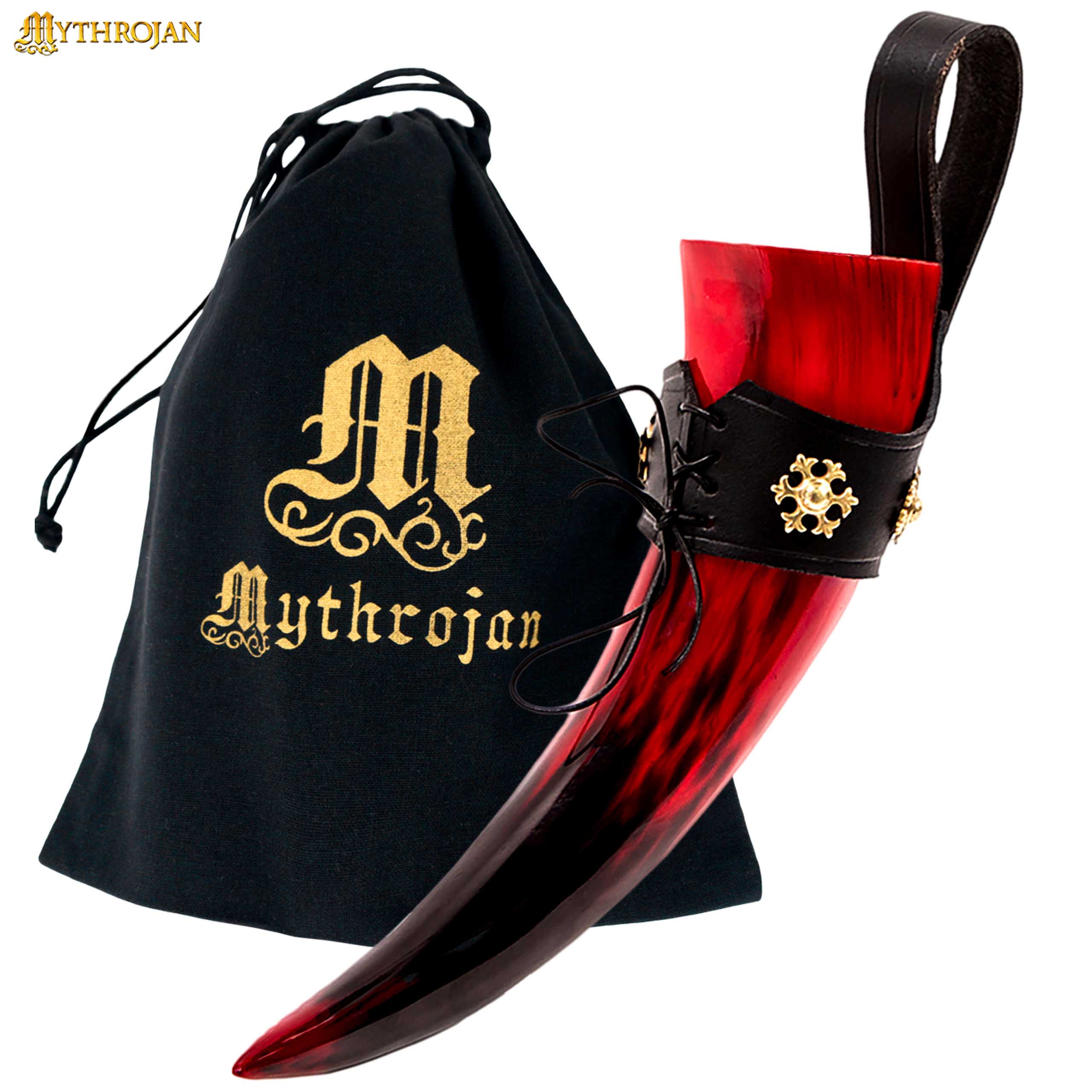 Mythrojan The Red Witch Viking Drinking Horn with Leather holder Authentic Medieval Inspired Viking Wine/Mead Mug - Polished Finish - 400ML